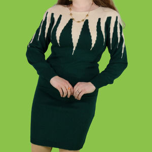 Vintage 80s Green and Cream Knit Midi Dress